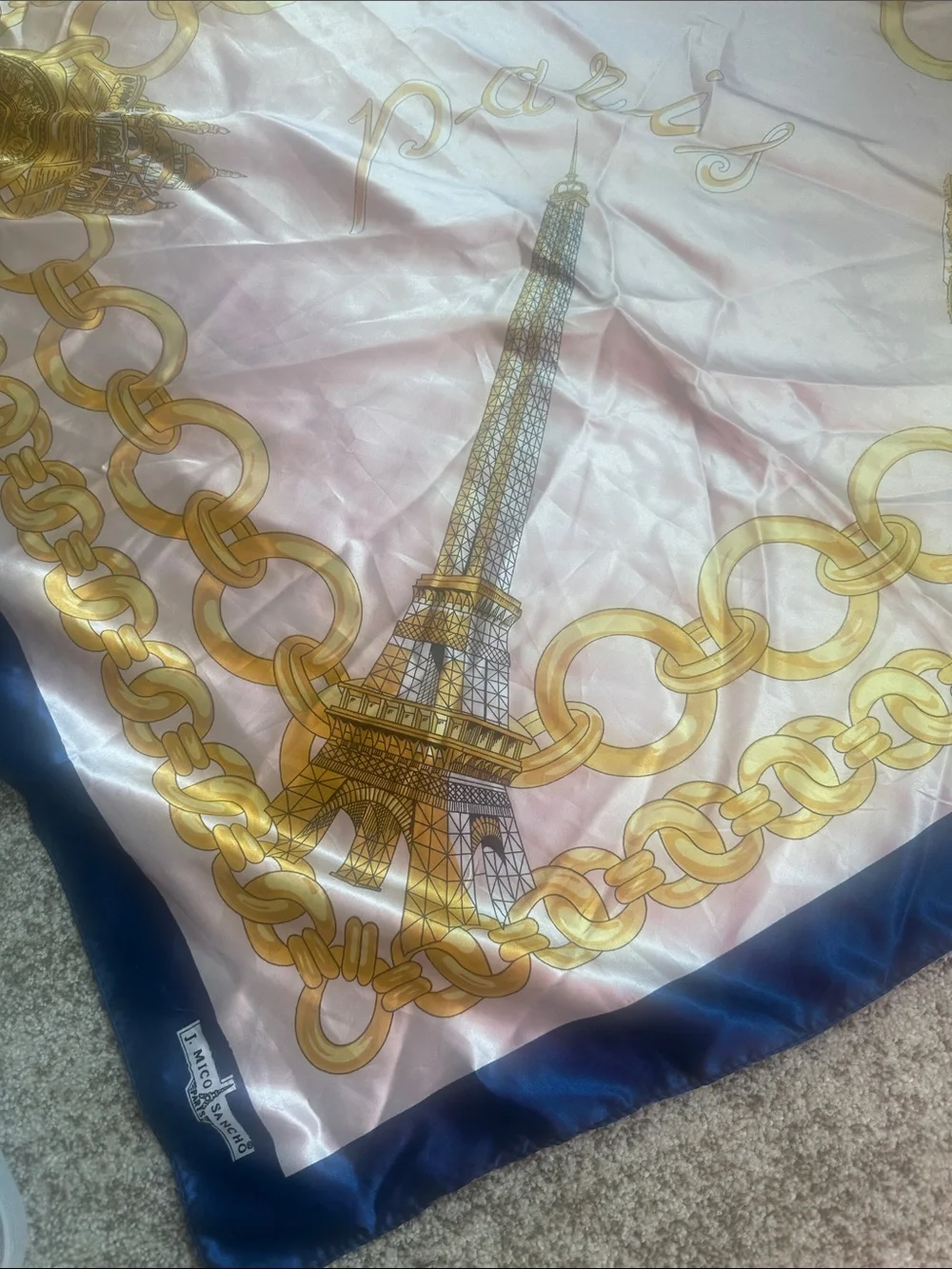 J. Mico Sancho Paris VTG Silky Souvenir Square Graphic Scarf